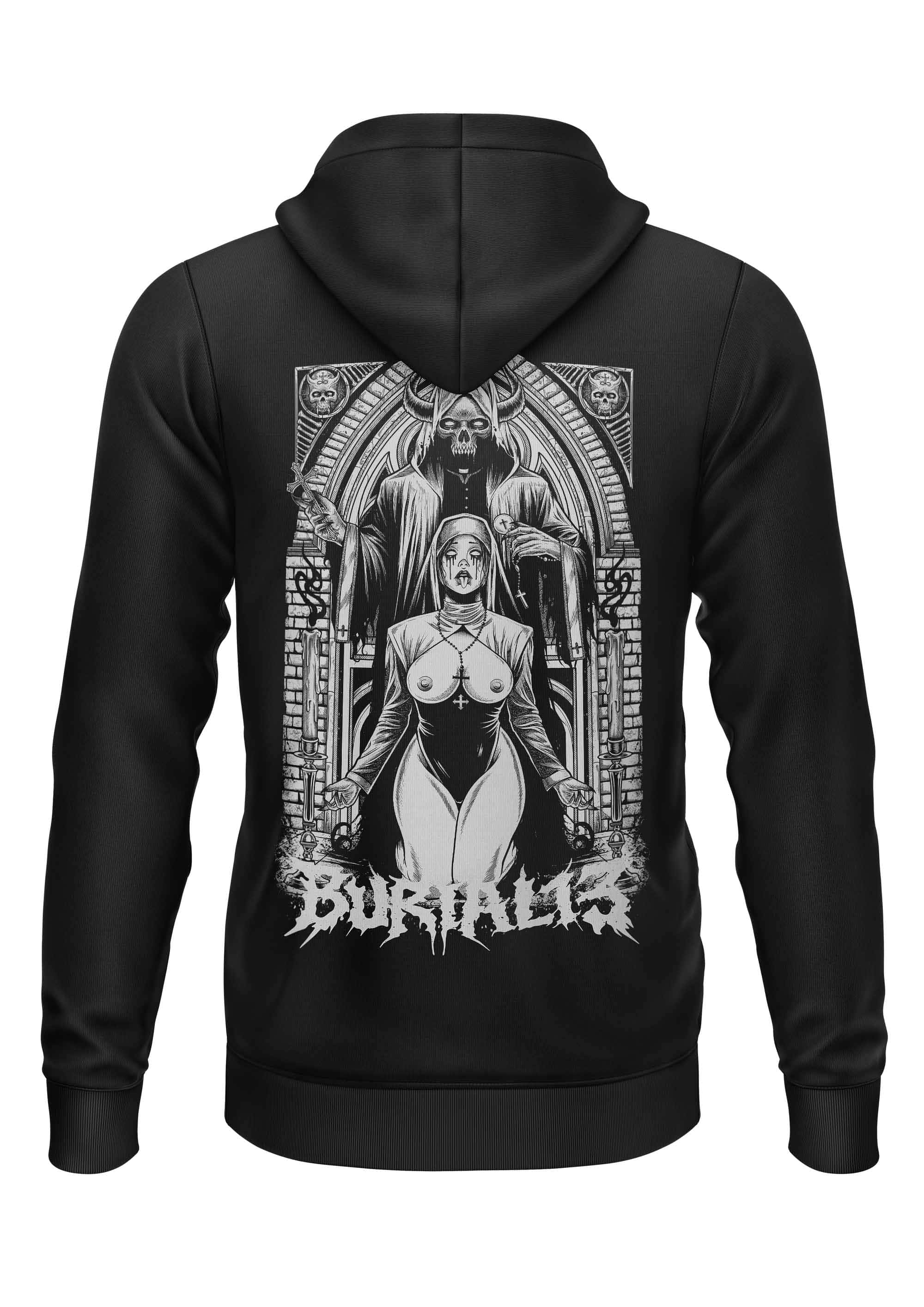 Black zip-up hoodie with gothic black-and-white bittte horror graphic of skeletal figure and nun in arched doorway design